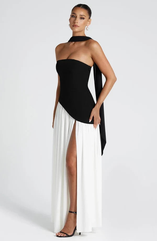 Selina | Damen Elegantes Tailliertes Maxikleid mit asymmetrischem Saum