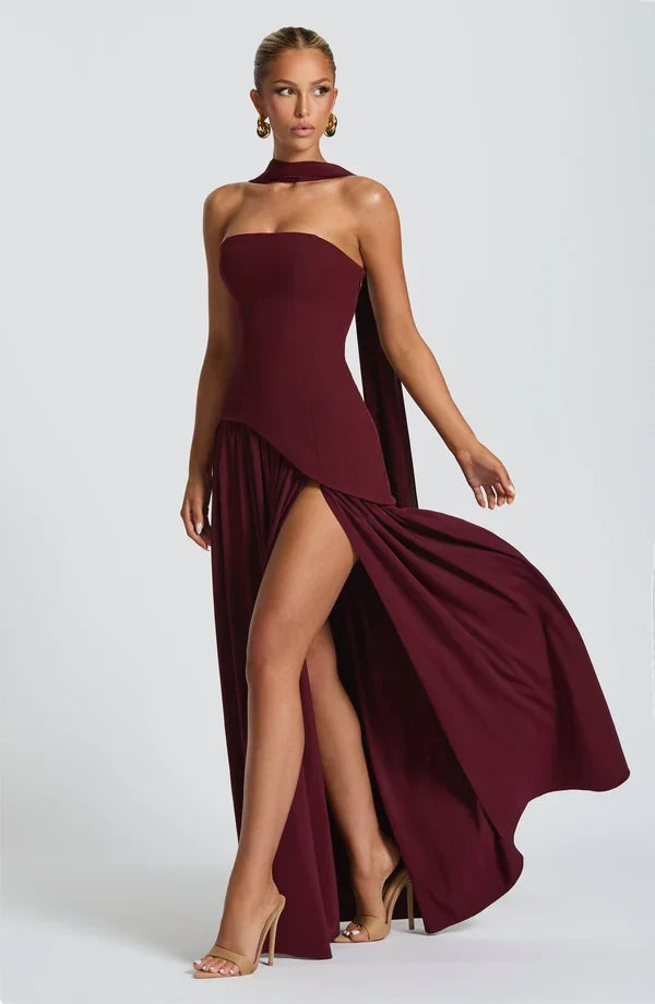 Selina | Damen Elegantes Tailliertes Maxikleid mit asymmetrischem Saum