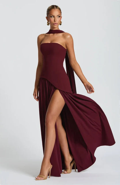 Selina | Damen Elegantes Tailliertes Maxikleid mit asymmetrischem Saum