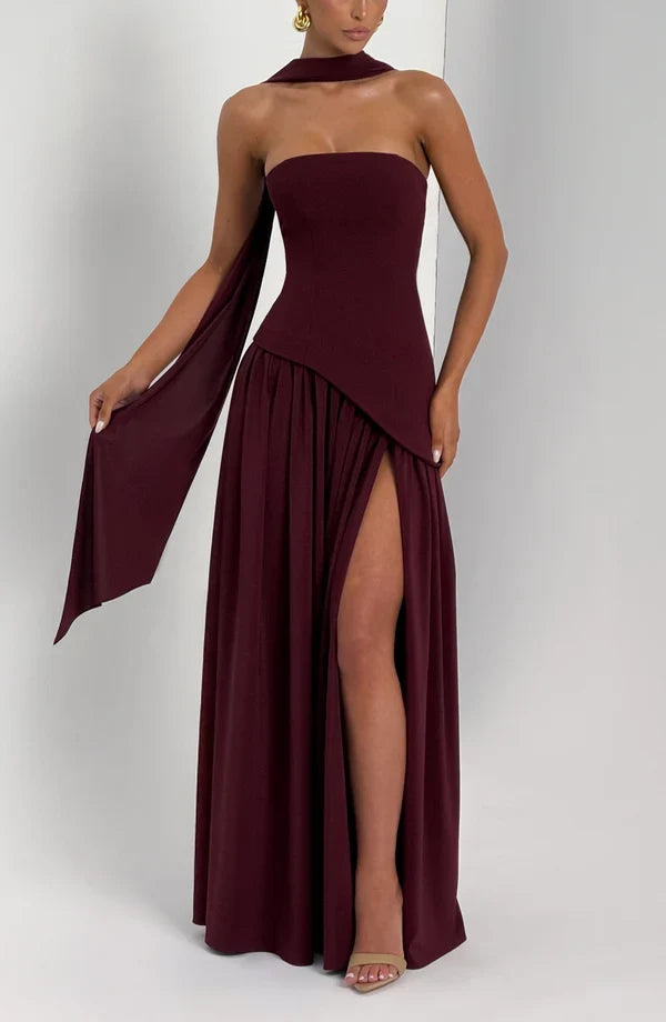 Selina | Damen Elegantes Tailliertes Maxikleid mit asymmetrischem Saum