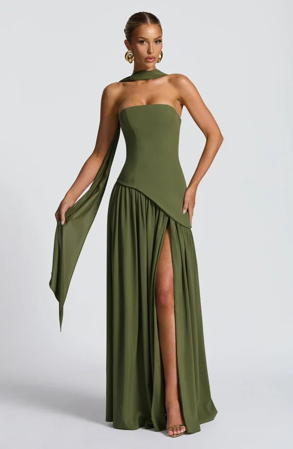 Selina | Damen Elegantes Tailliertes Maxikleid mit asymmetrischem Saum