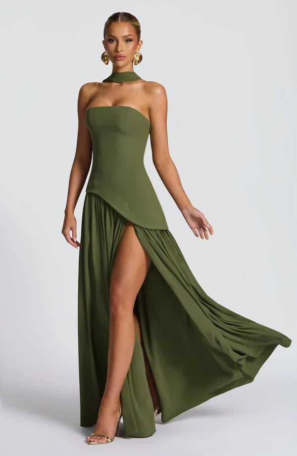 Selina | Damen Elegantes Tailliertes Maxikleid mit asymmetrischem Saum