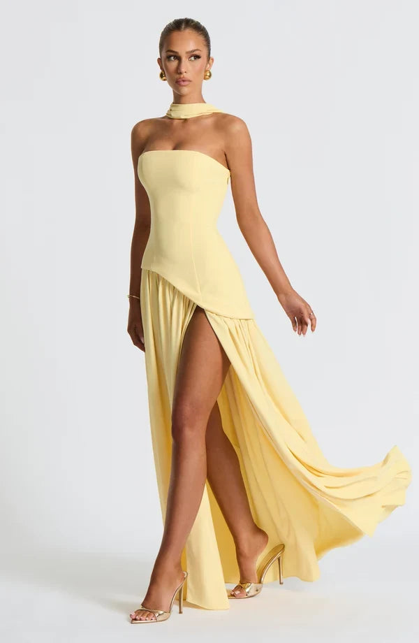Selina | Damen Elegantes Tailliertes Maxikleid mit asymmetrischem Saum