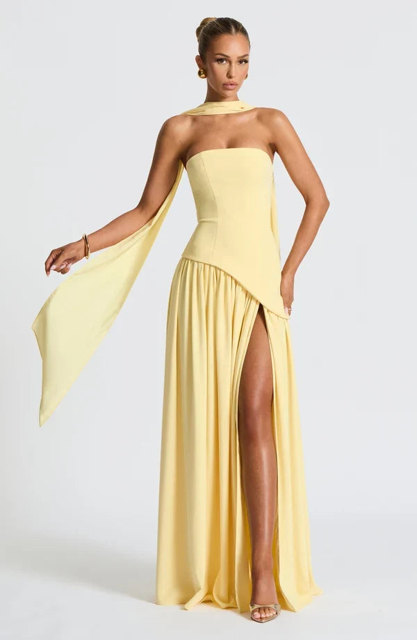 Selina | Damen Elegantes Tailliertes Maxikleid mit asymmetrischem Saum