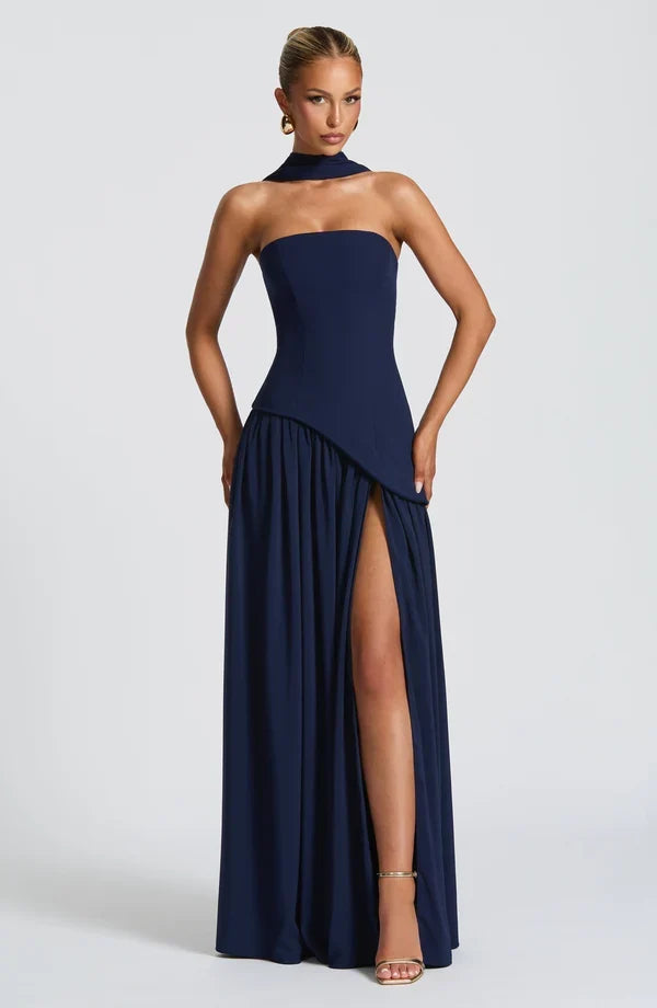 Selina | Damen Elegantes Tailliertes Maxikleid mit asymmetrischem Saum