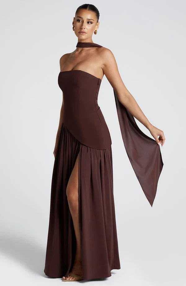 Selina | Damen Elegantes Tailliertes Maxikleid mit asymmetrischem Saum