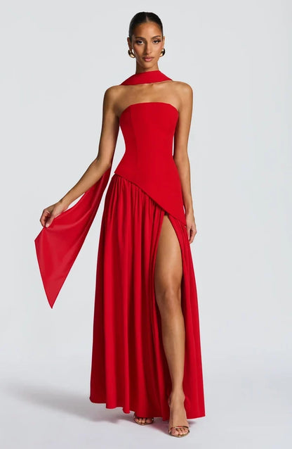 Selina | Damen Elegantes Tailliertes Maxikleid mit asymmetrischem Saum