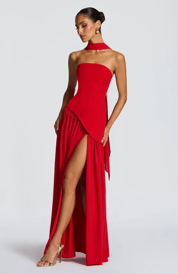 Selina | Damen Elegantes Tailliertes Maxikleid mit asymmetrischem Saum