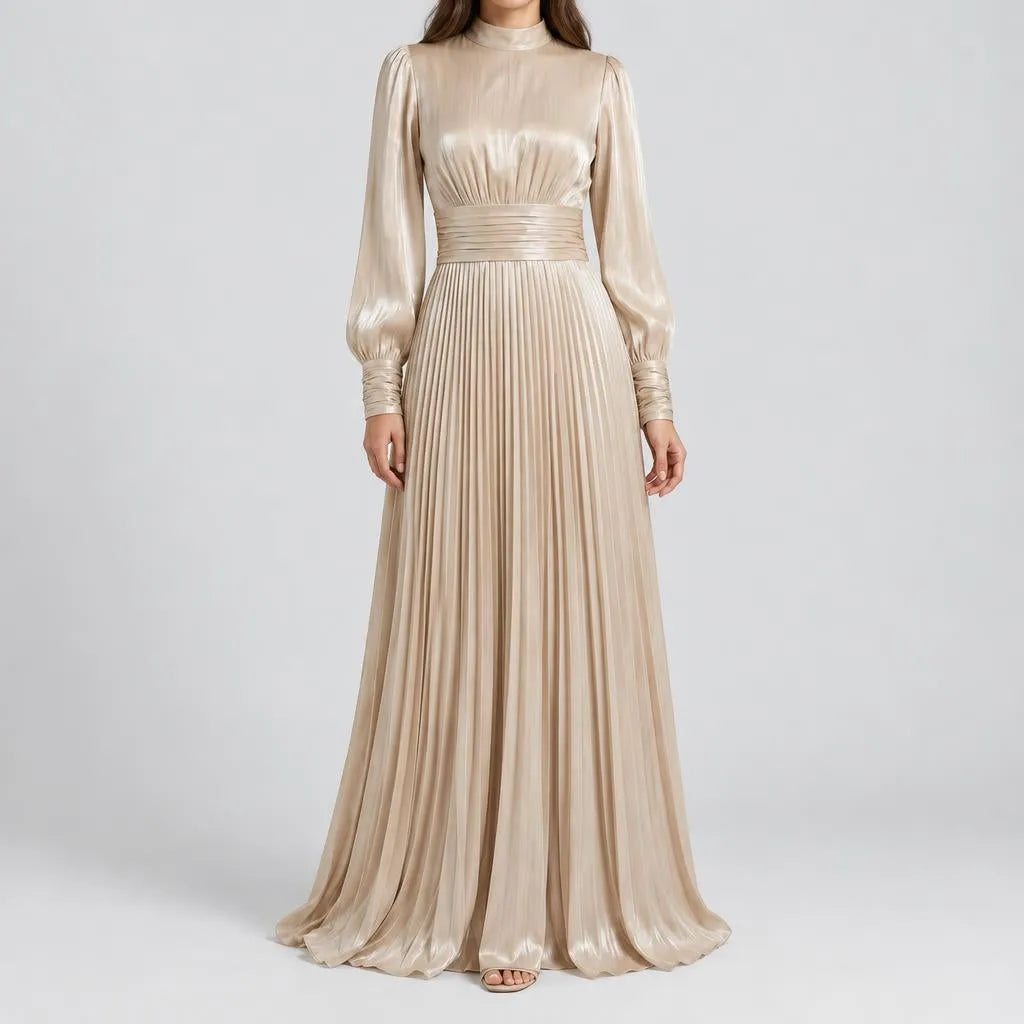 Monika | Damen Plissee Maxikleid mit Langarm