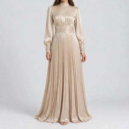 Monika | Damen Plissee Maxikleid mit Langarm