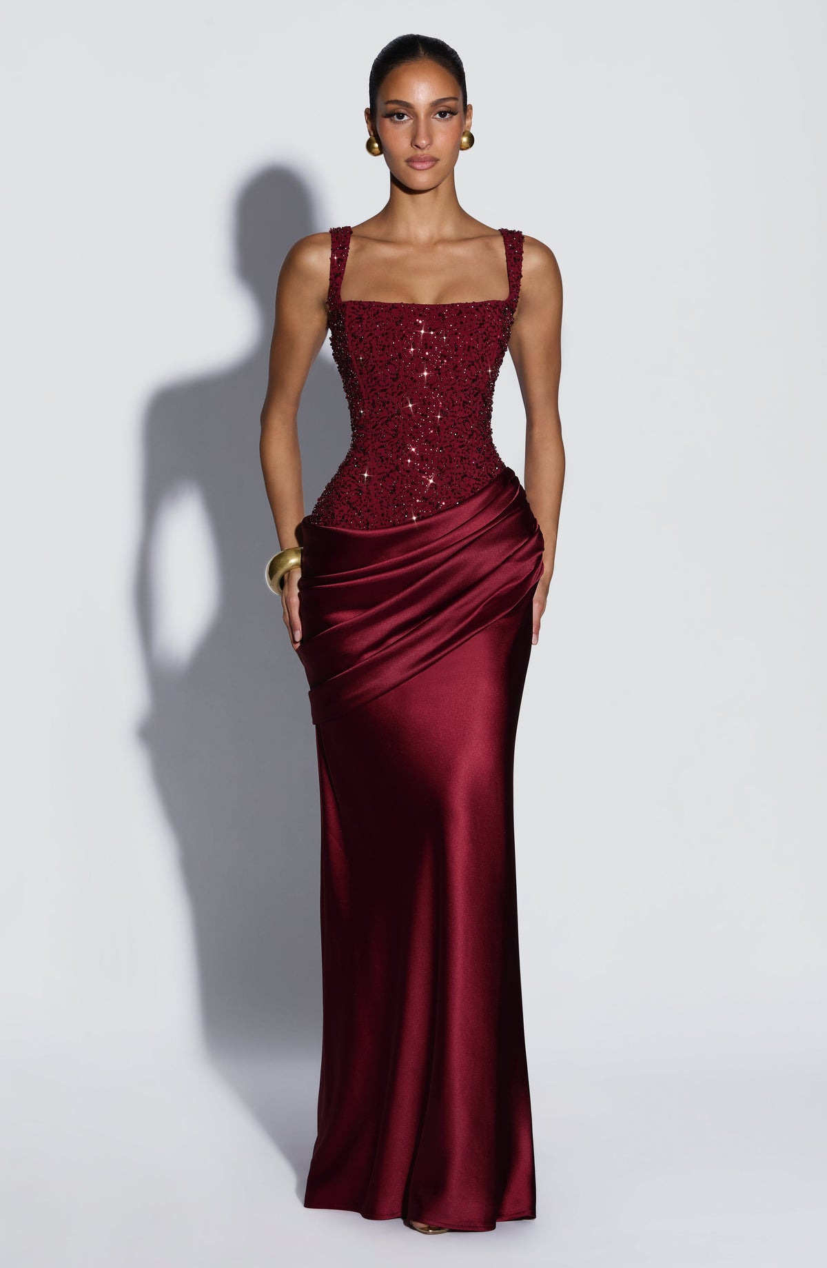 Frieda | Damen Elegantes Glitzer Korsett Drapierung Maxikleid
