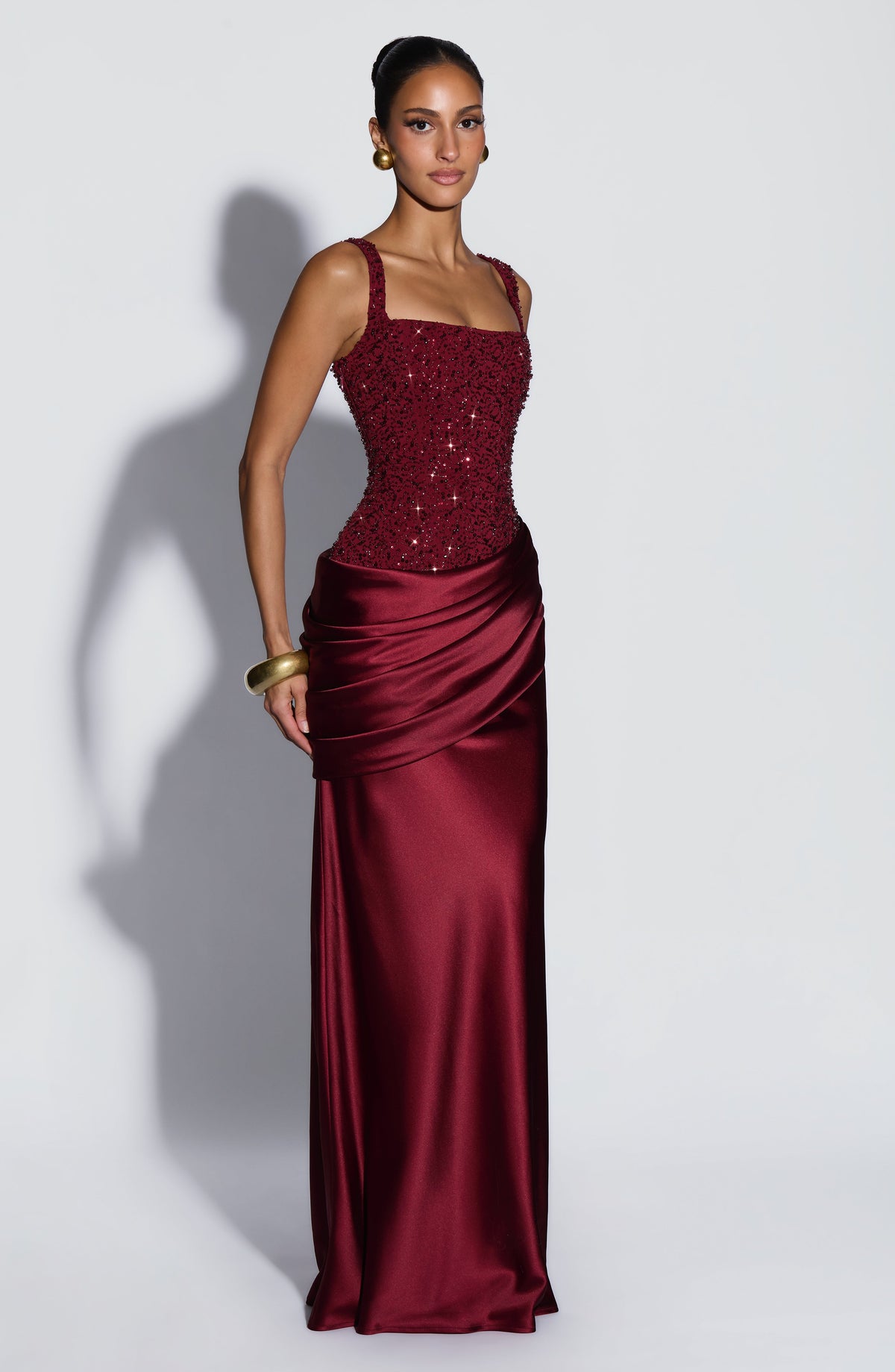 Frieda | Damen Elegantes Glitzer Korsett Drapierung Maxikleid