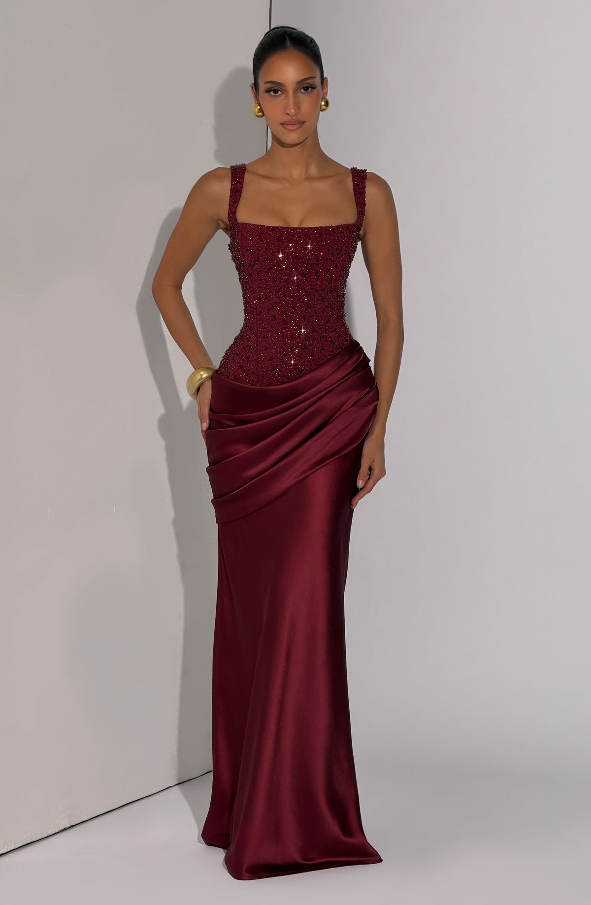 Frieda | Damen Elegantes Glitzer Korsett Drapierung Maxikleid